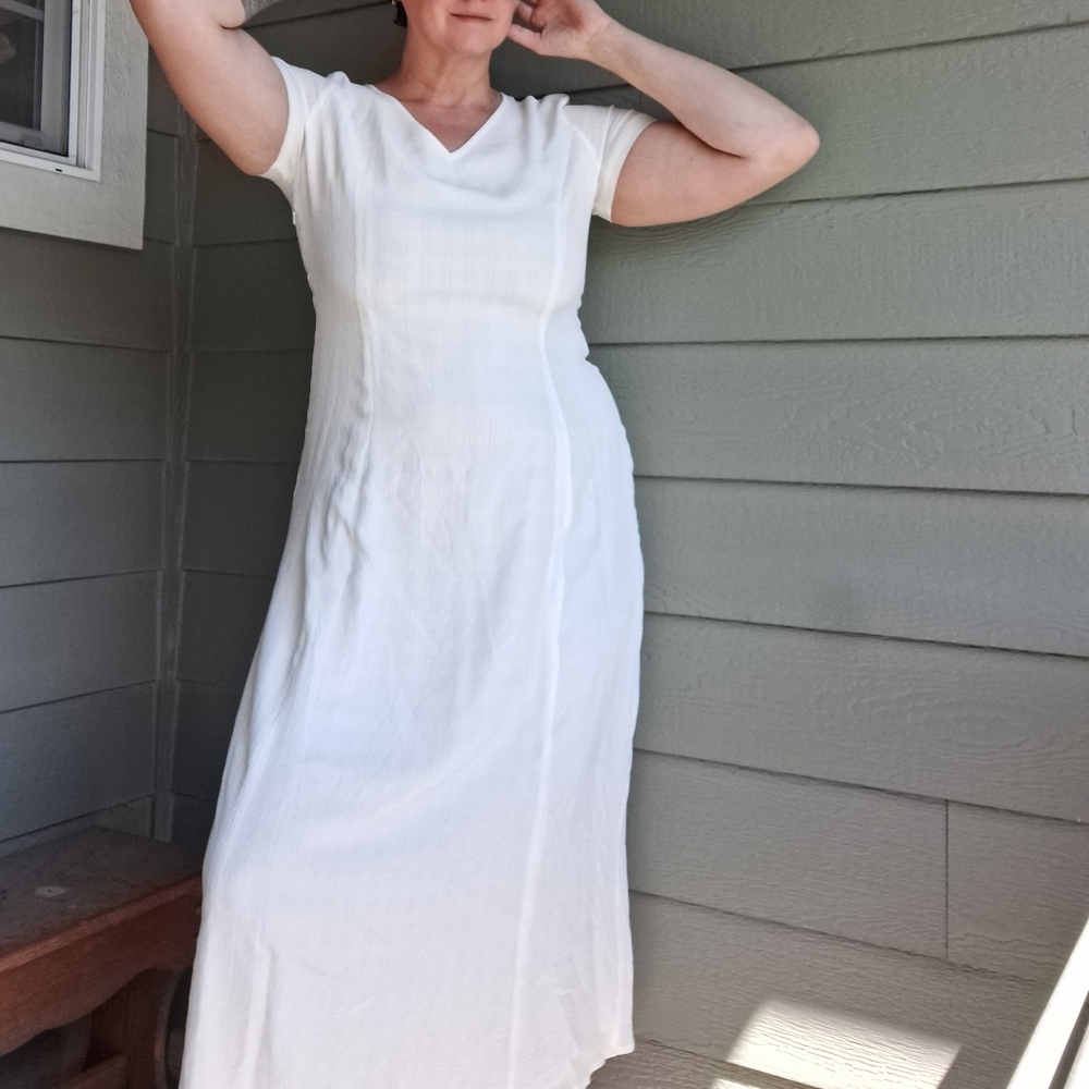 Vintage 90s Laura Ashley Short Sleeve Mimimalist Textured Dress Plus Size 14 - Picture 3 of 13
